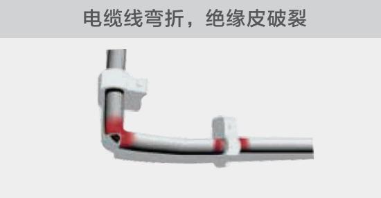 在安裝過程中，由于電線的彎曲半徑過小，或是線夾過緊，導致線纜絕緣皮破裂，產生電弧隱患